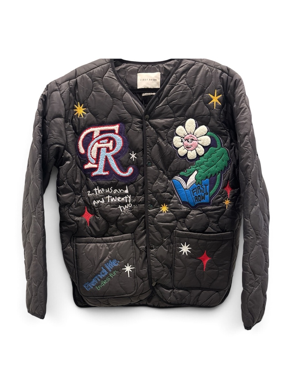 First Row Sunshine Quilted Jacket M Black Embroidered Patch Streetwear NWT
